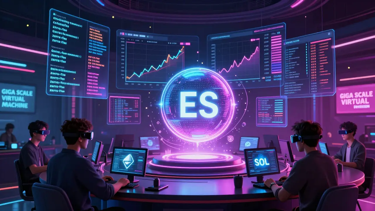 Users trading ETH and SOL on Eclipse interface with glowing ES governance token and zero-fee transaction logs.