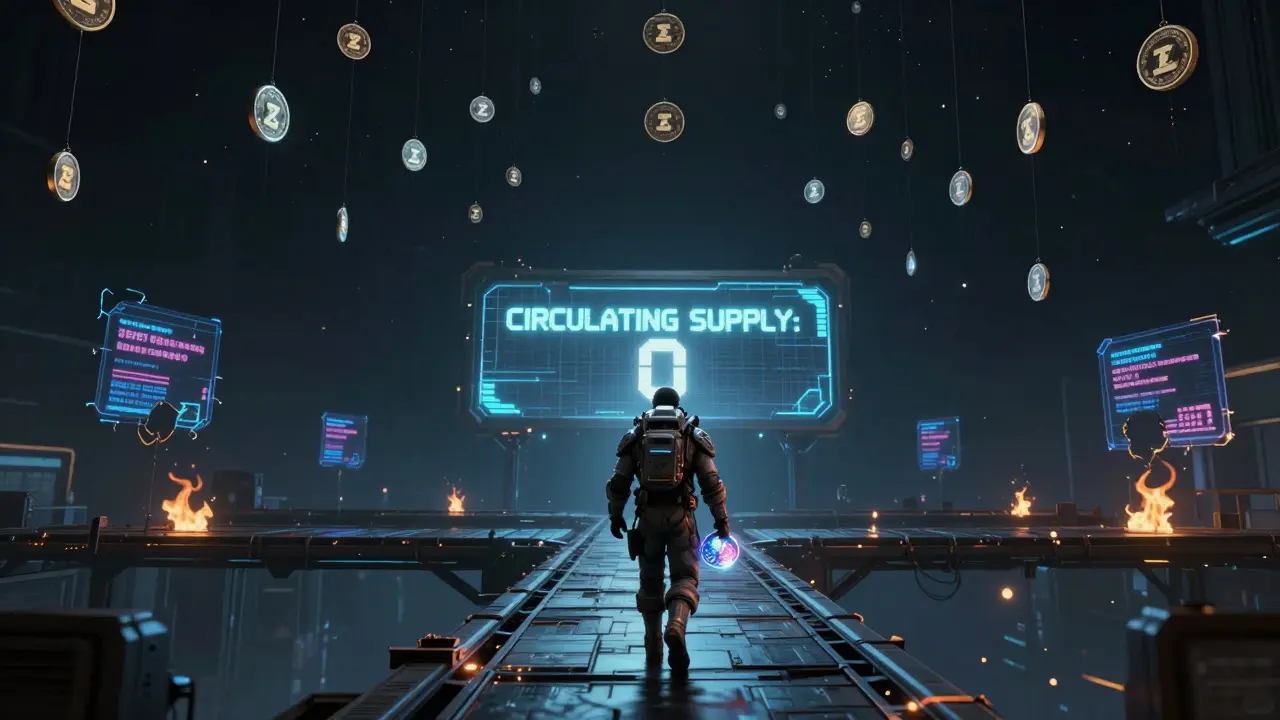 1.1 million unclaimed BZZONE tokens floating in space, a lone miner holding staking tokens beneath a 'CIRCULATING SUPPLY: 0' sign.