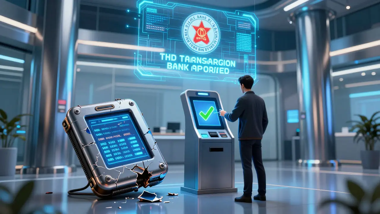 A citizen approving a VND transaction at a high-tech bank kiosk, with a discarded crypto wallet on the floor.