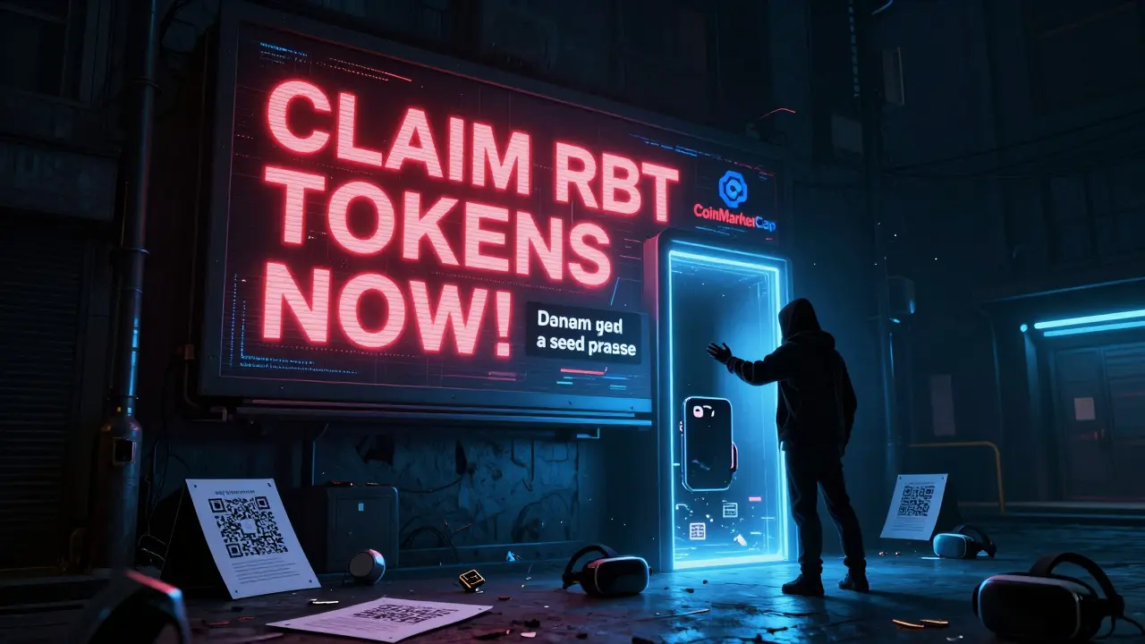 A deceptive billboard offers fake RBT tokens, luring a user into a void as discarded scam materials lie at their feet.
