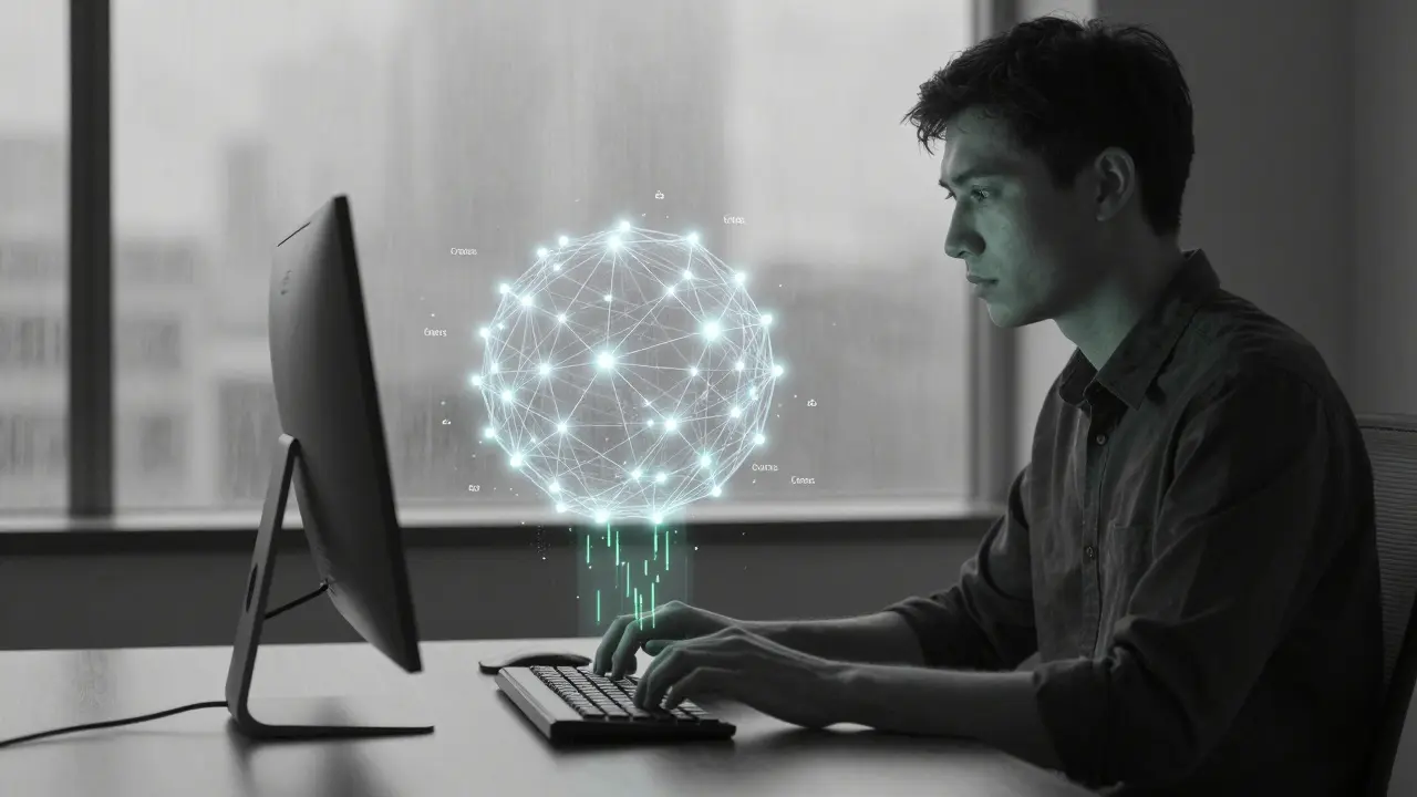A developer in a quiet apartment surrounded by a glowing, pulsing Cratos network.