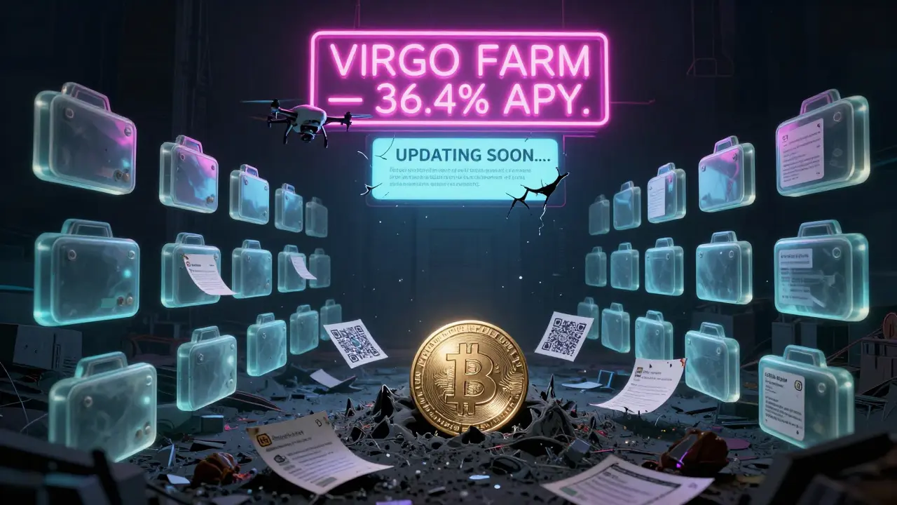 A digital graveyard of abandoned crypto wallets with a single glowing VIRGO coin in the ashes.