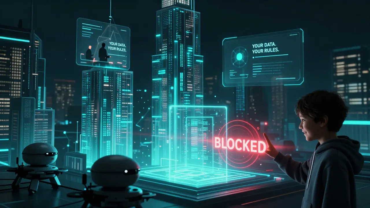 A futuristic city skyline made of data streams, where users control their information while corporate drones are blocked by energy shields.