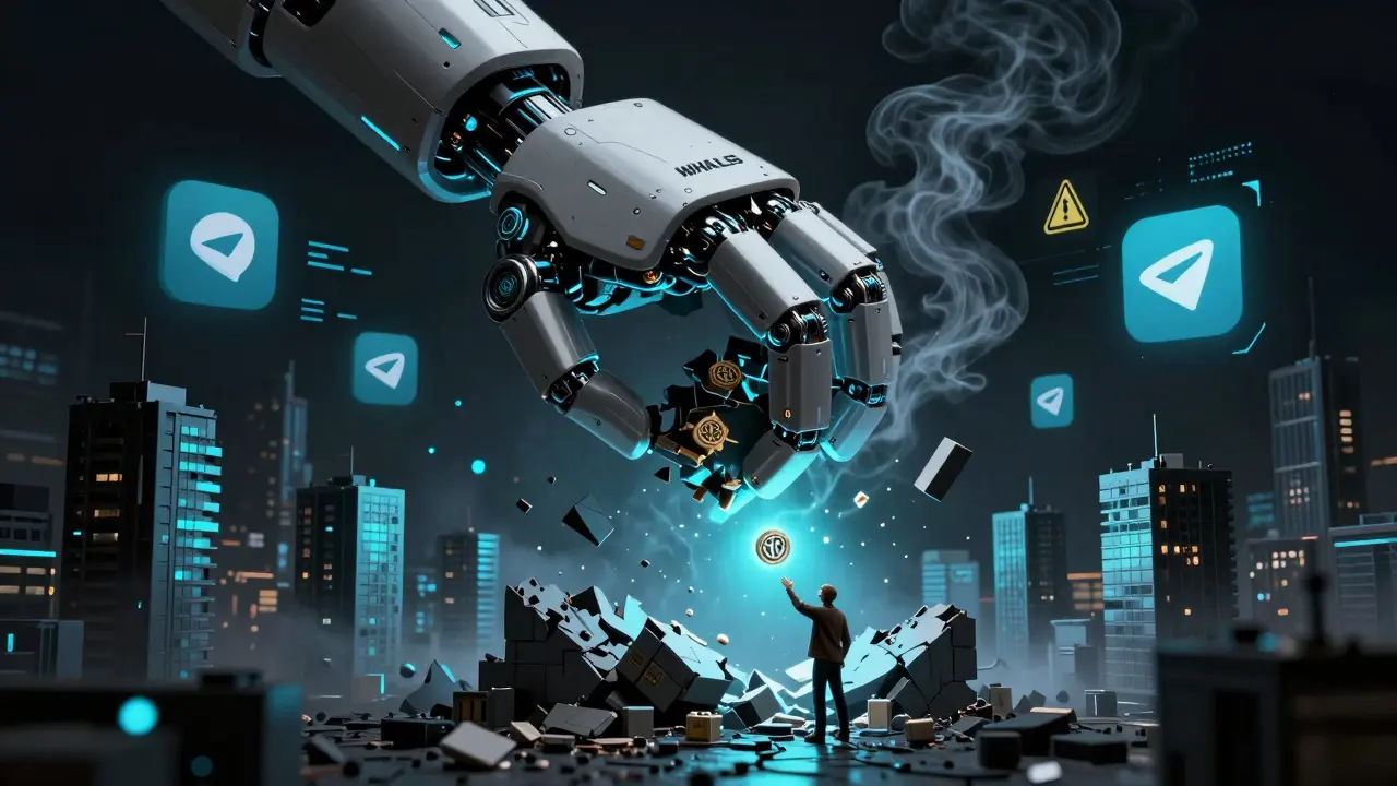 A giant whale hand crushes CHINU token buildings under a sky of fading Telegram groups and SEC warnings.