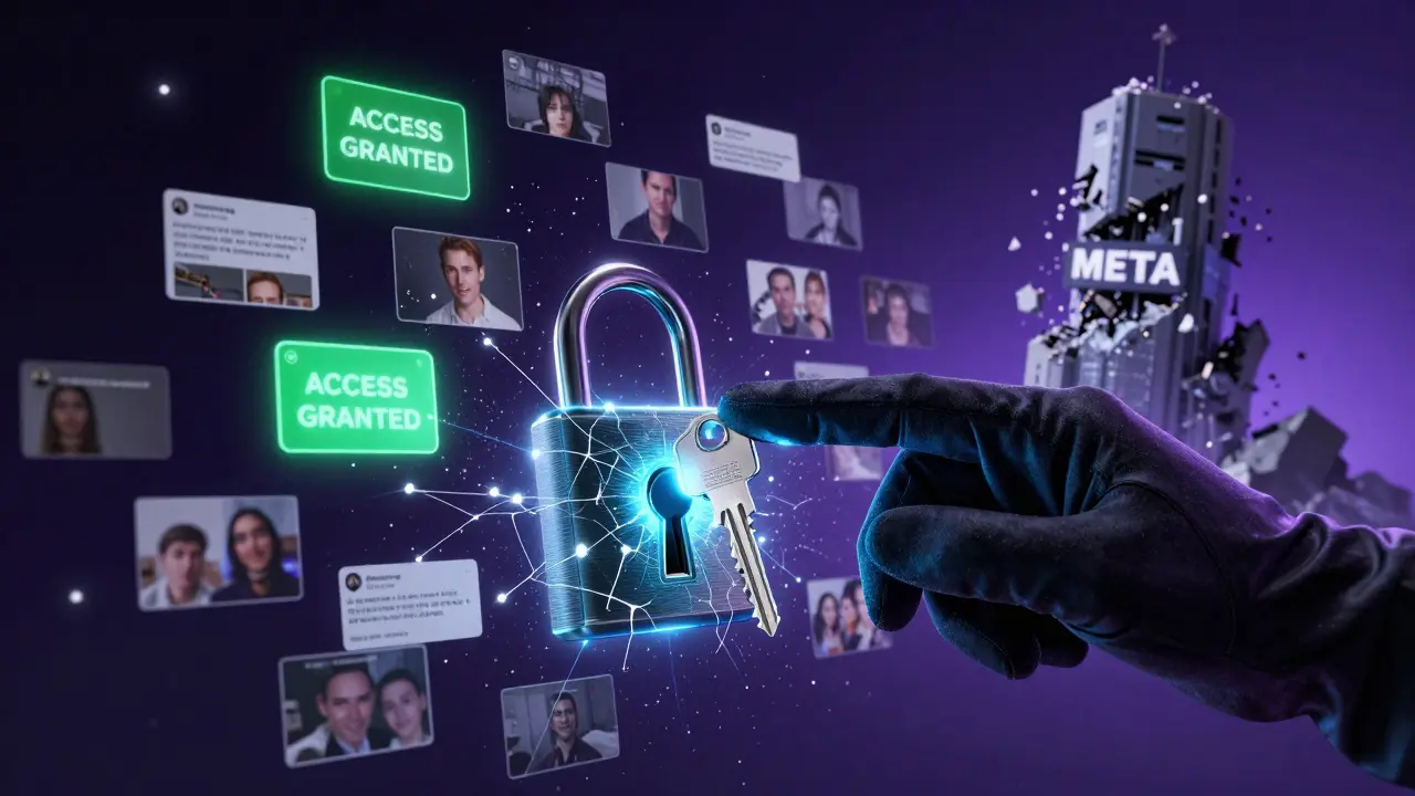 A gloved hand inserts a glowing key into a digital lock as social media posts break into encrypted shards across a starfield of nodes.