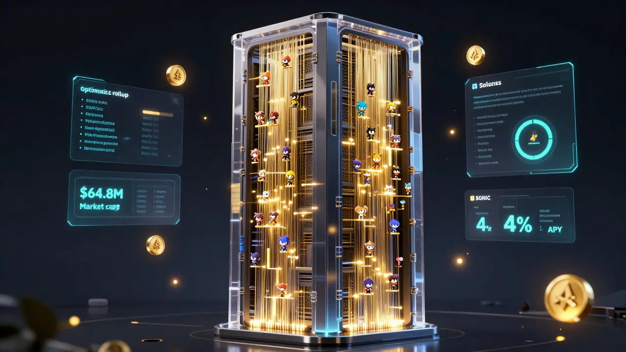 A glowing data hub with golden code streams connects game avatars, surrounded by floating SONIC tokens and yield metrics.