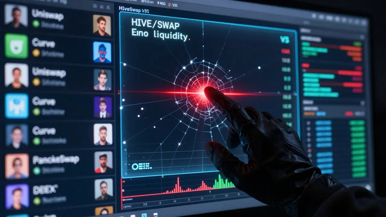 A hacker's hand hovers over a barren trading pair interface with zero liquidity and a red warning.