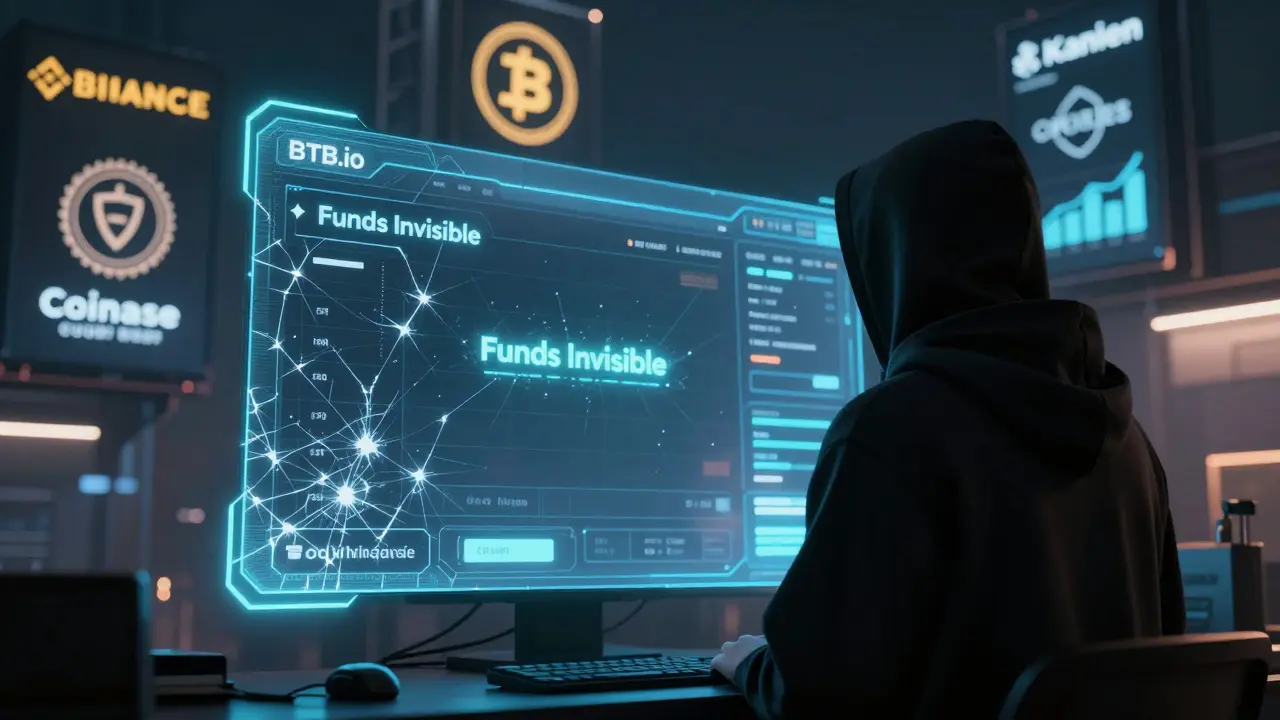 A user facing an empty BTB.io dashboard while legitimate exchanges glow brightly behind them.