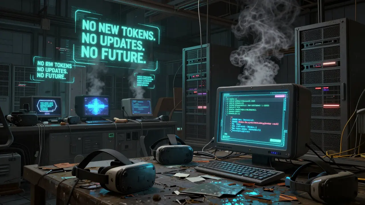 Abandoned gaming hub with frozen VR headsets and a corrupted smart contract screen.
