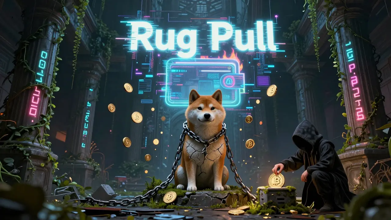 Abandoned temple with a crumbling Shiba Inu statue surrounded by fading digital tokens and a burning wallet hologram.
