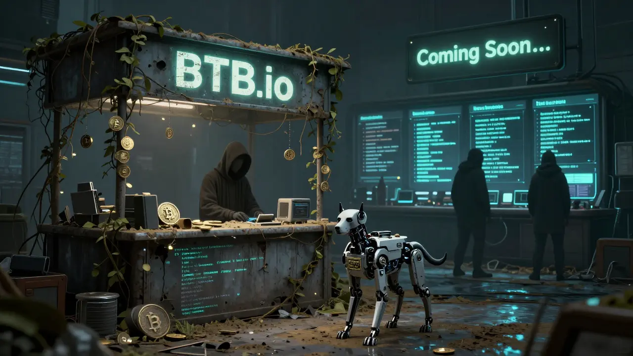 An abandoned BTB.io stall in a cybermarket, covered in decay, ignored by a compliance robot.
