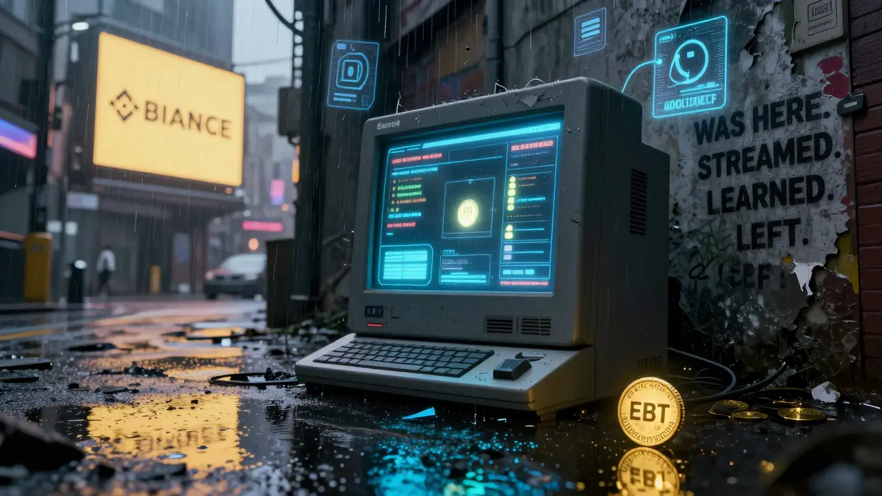 An abandoned EarnBit terminal with a frozen stream and a single EBT token rolling on a wet cyberpunk alley floor.