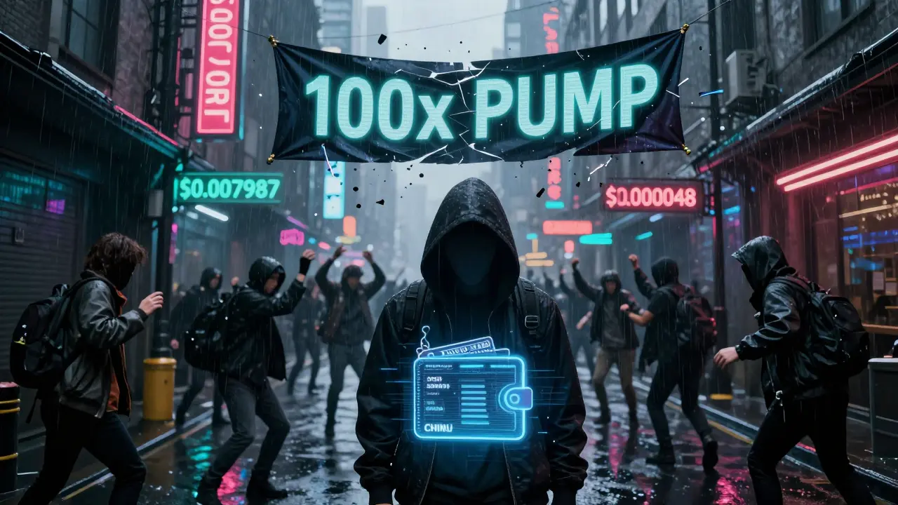 An anonymous figure stares at a crashing CHINU token hologram in a neon-lit cybercity alley.