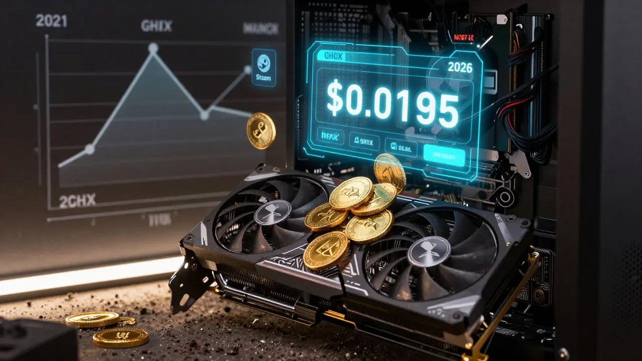 An old GTX 1060 card earning GHX tokens, with holographic game keys floating above in a gritty cyberpunk setting.