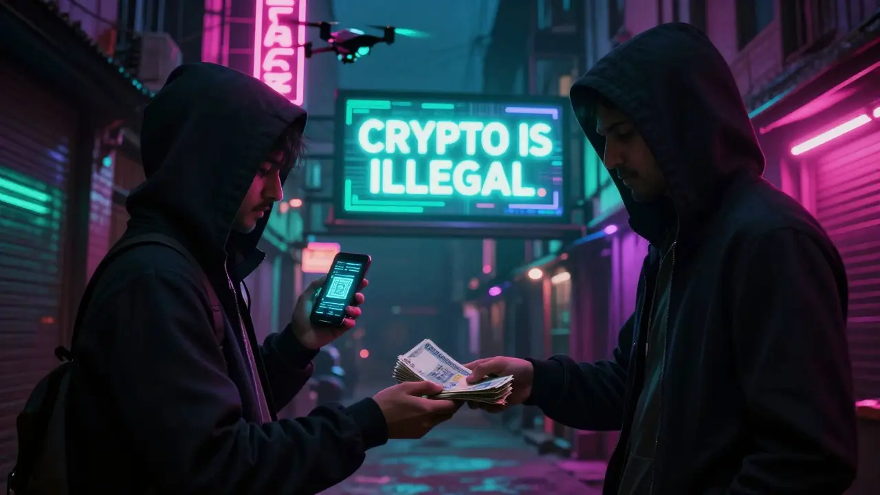 An underground crypto trade in a Kathmandu alley, with a glowing phone QR code and surveillance drones overhead.