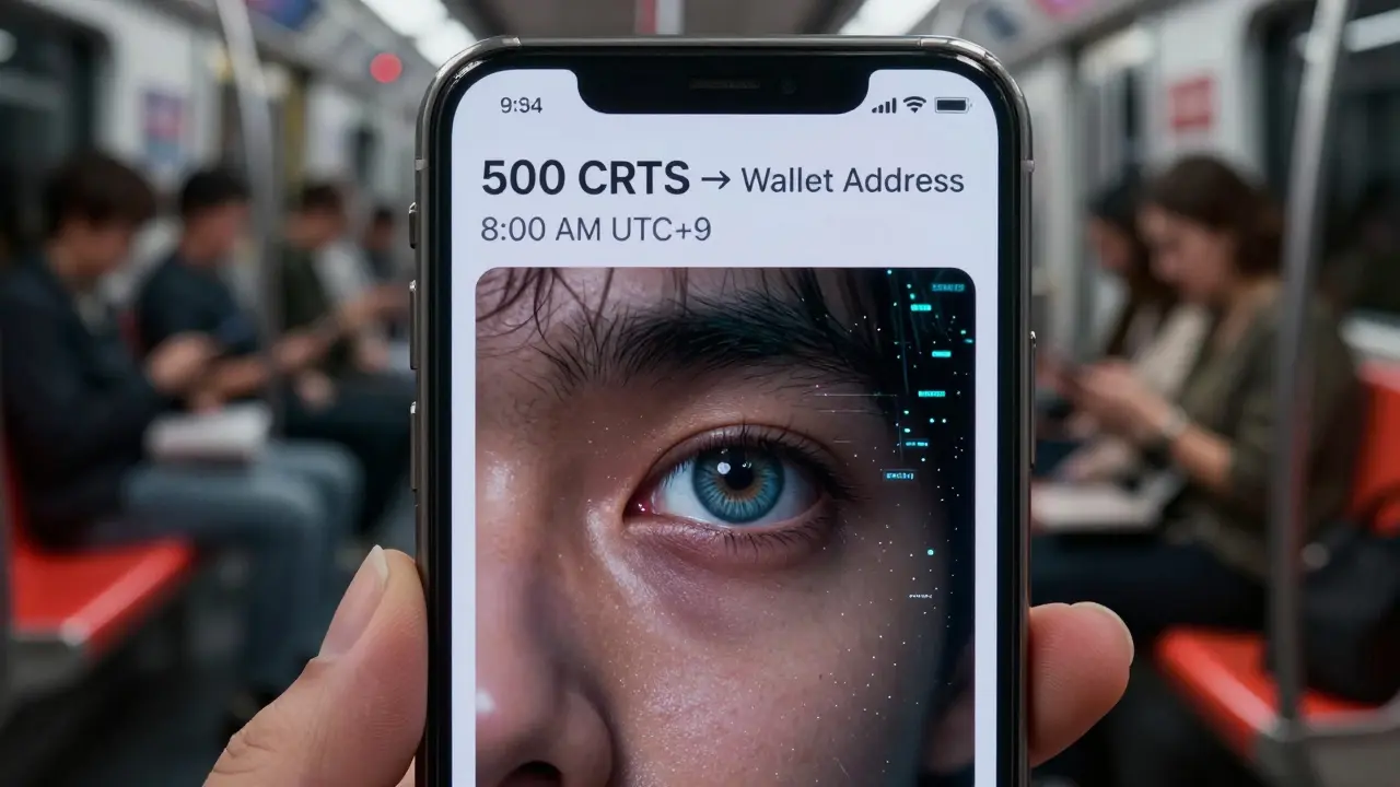 Close-up of a smartphone showing a CRTS token transaction reflected in a person's eye.