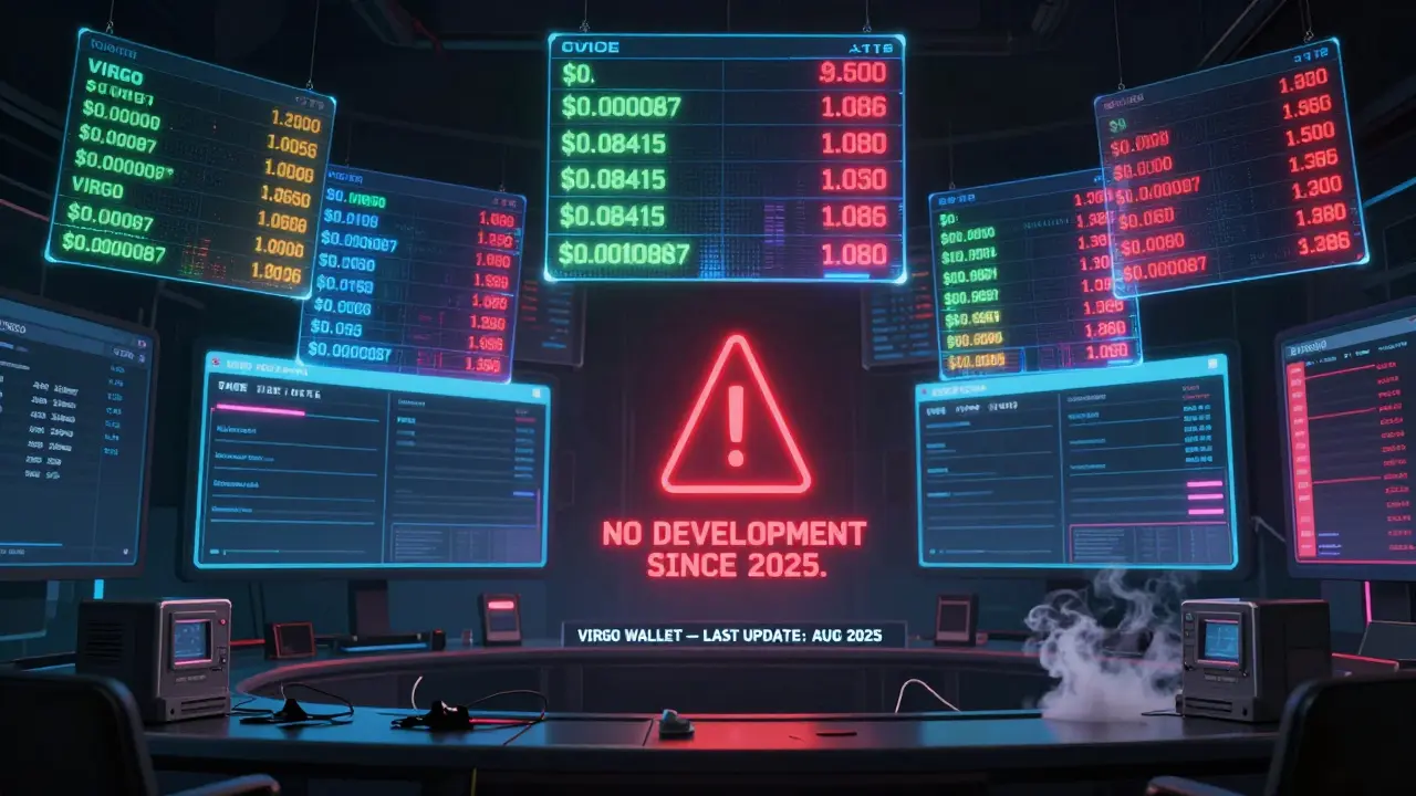 Conflicting VIRGO price charts flicker in a dark crypto trading floor with dead dashboards.