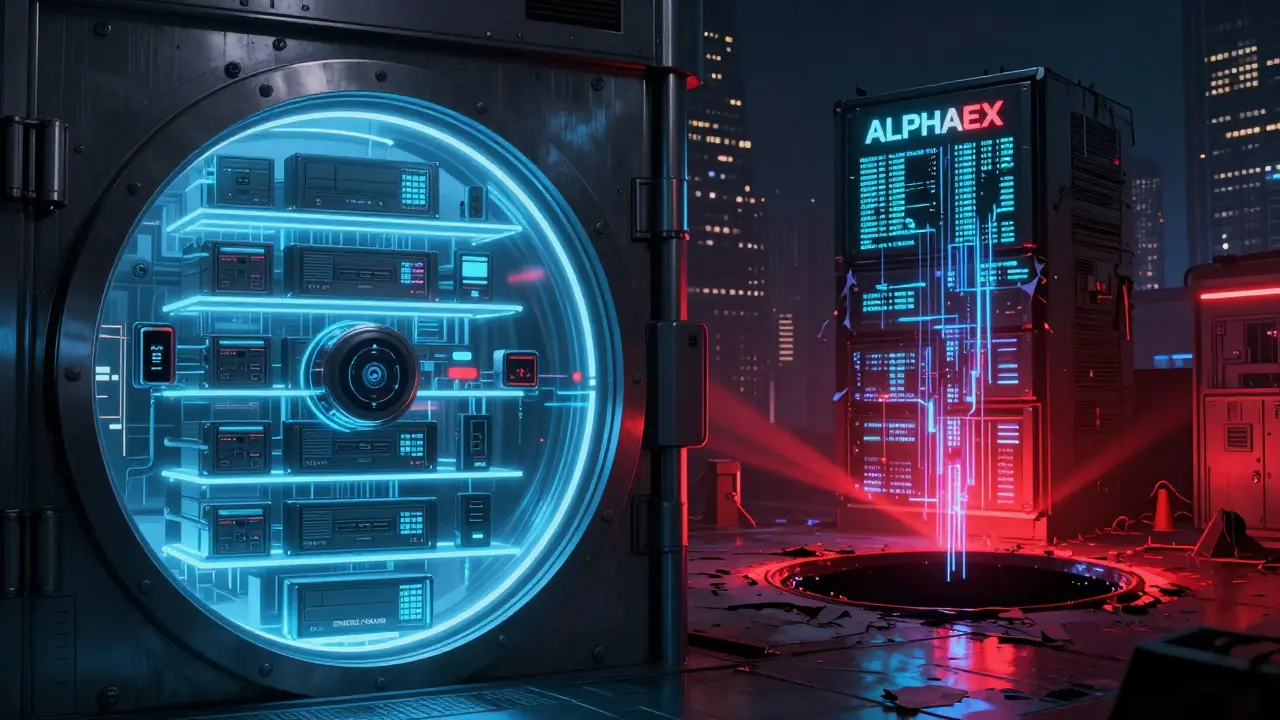 Contrast between secure crypto vault and decaying AlphaEx server leaking IDs.