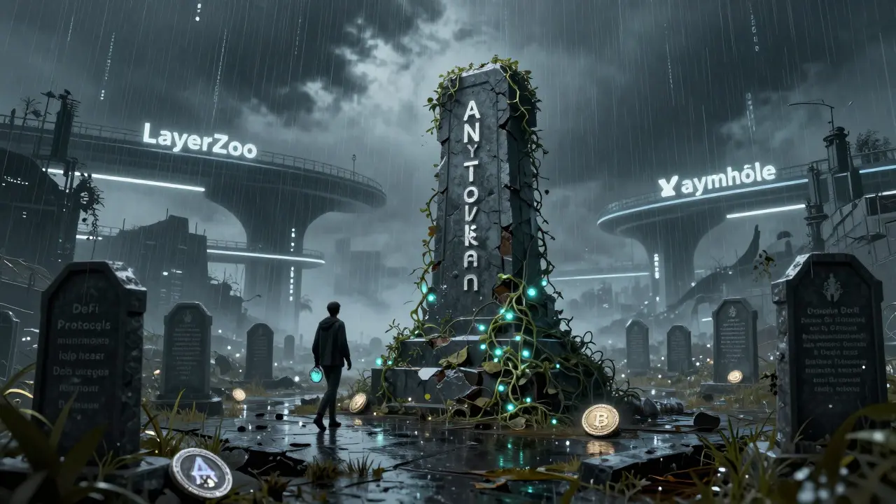 Crypto graveyard with crumbling ANY token monument under binary rain