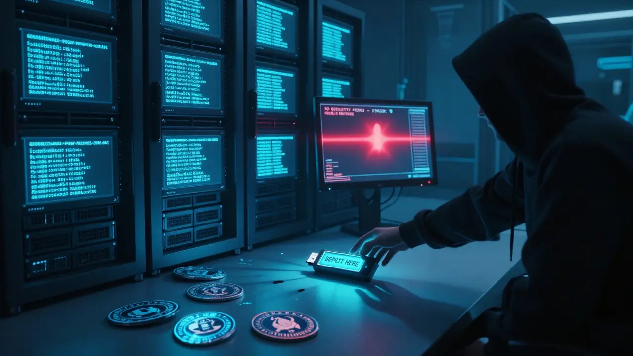 Dark server room with corrupted file and broken regulator badges under cold LED lights.