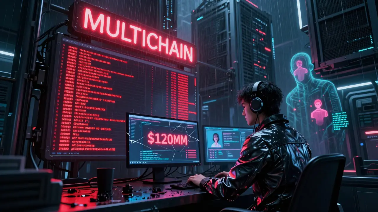 Developer surrounded by failing transaction logs in a flickering Multichain server hub