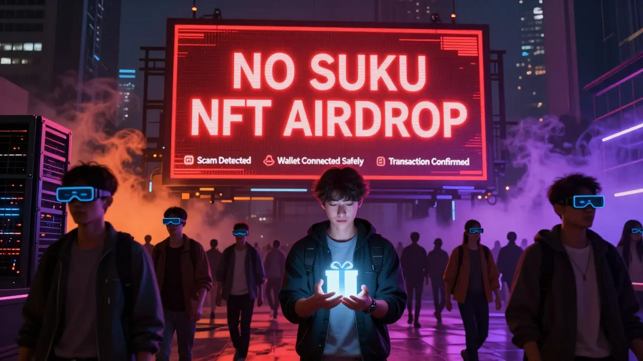 Digital billboard warning against fake SUKU NFT airdrops, users with AR glasses seeing security alerts.