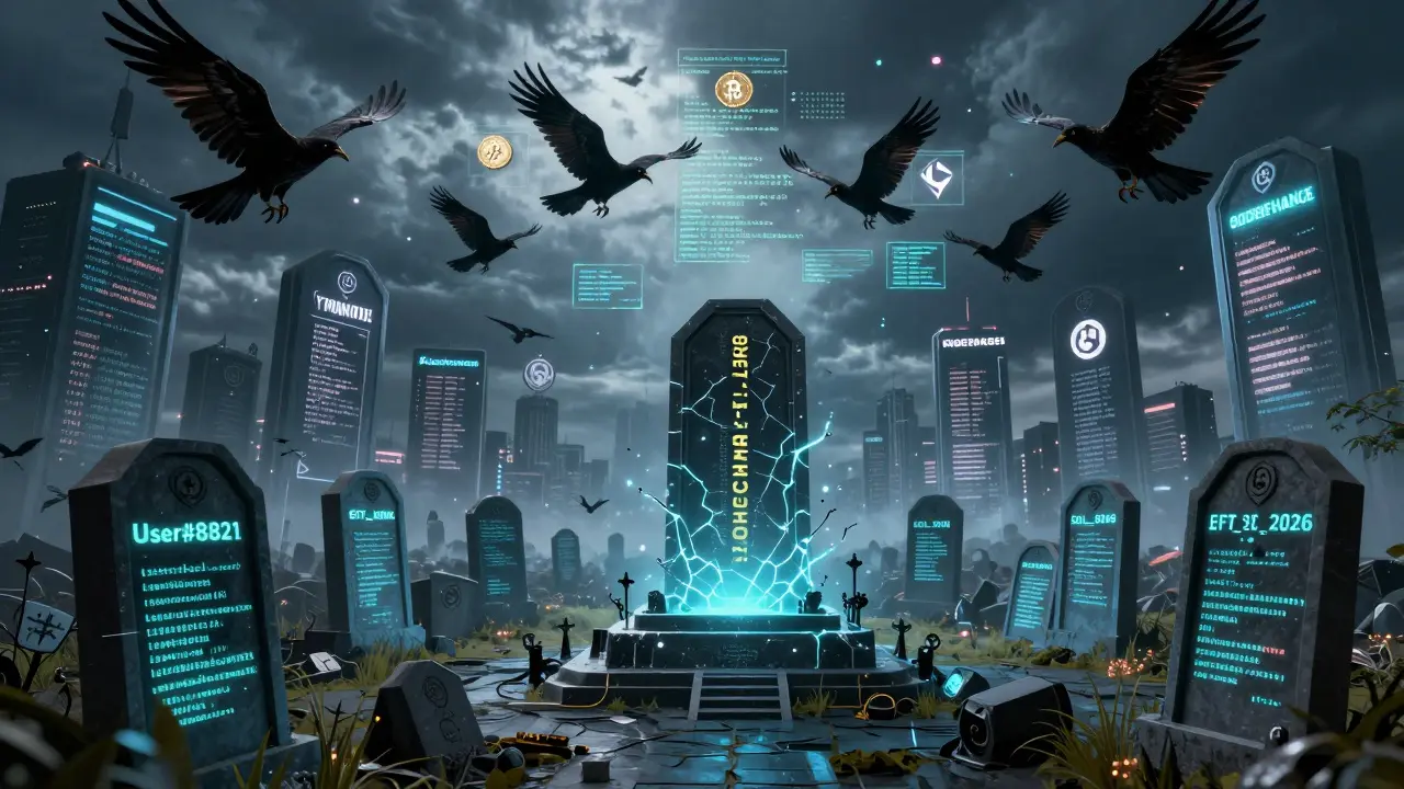 Digital graveyard of crypto victims with a 'GoodExchange - Est. Never' monument and vultures circling.