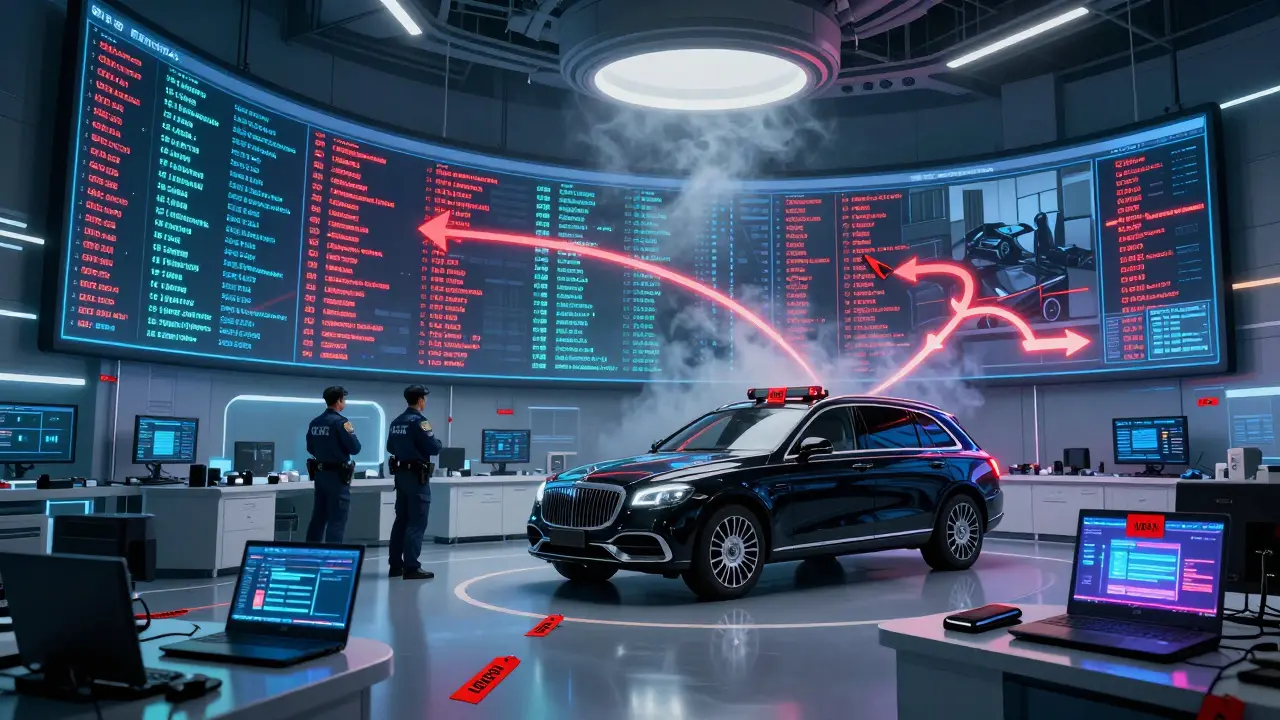 Forensic officers trace cryptocurrency transactions on glowing screens, linking digital funds to seized vehicles and property.