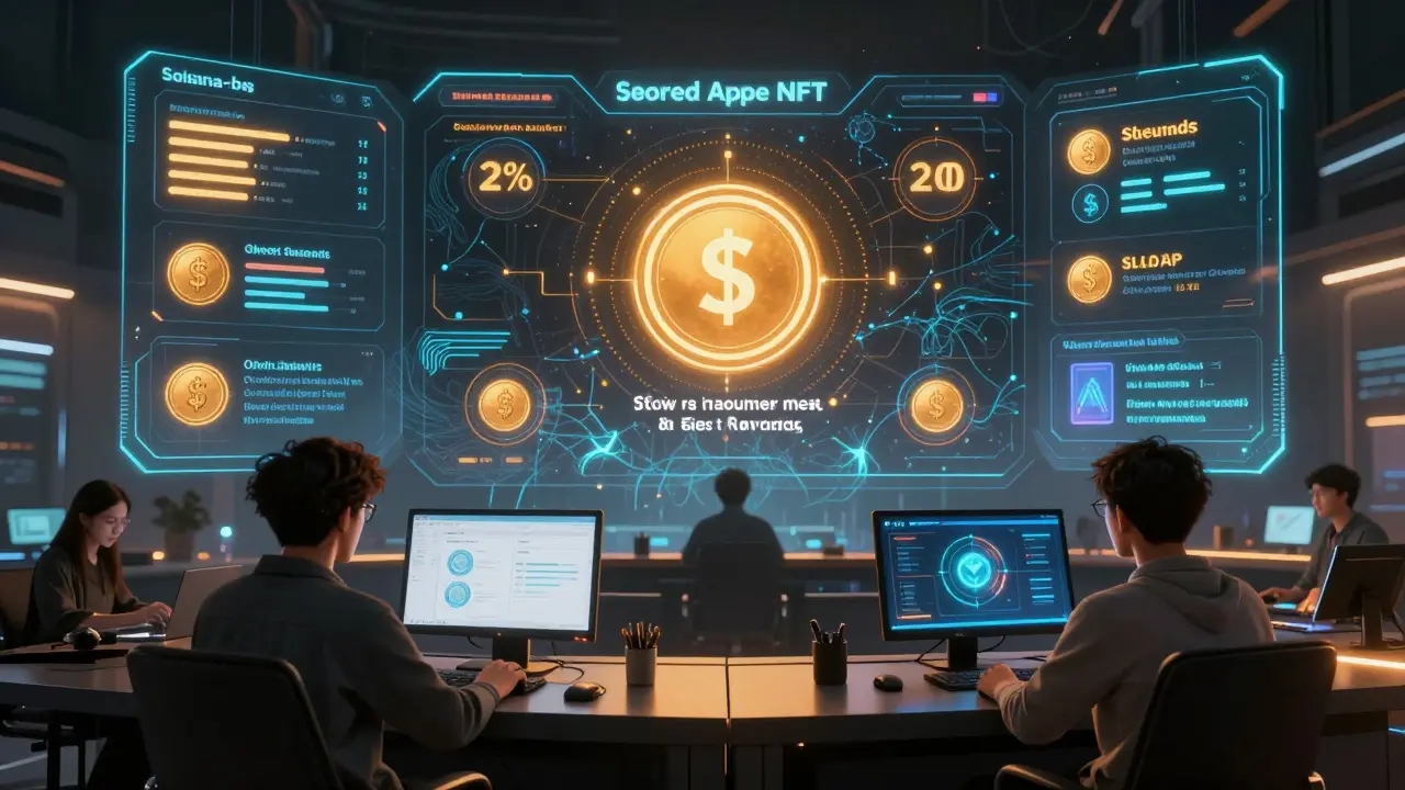 Futuristic interface showing NFT staking, meme game creation, and wallet rewards in a Solana ecosystem.