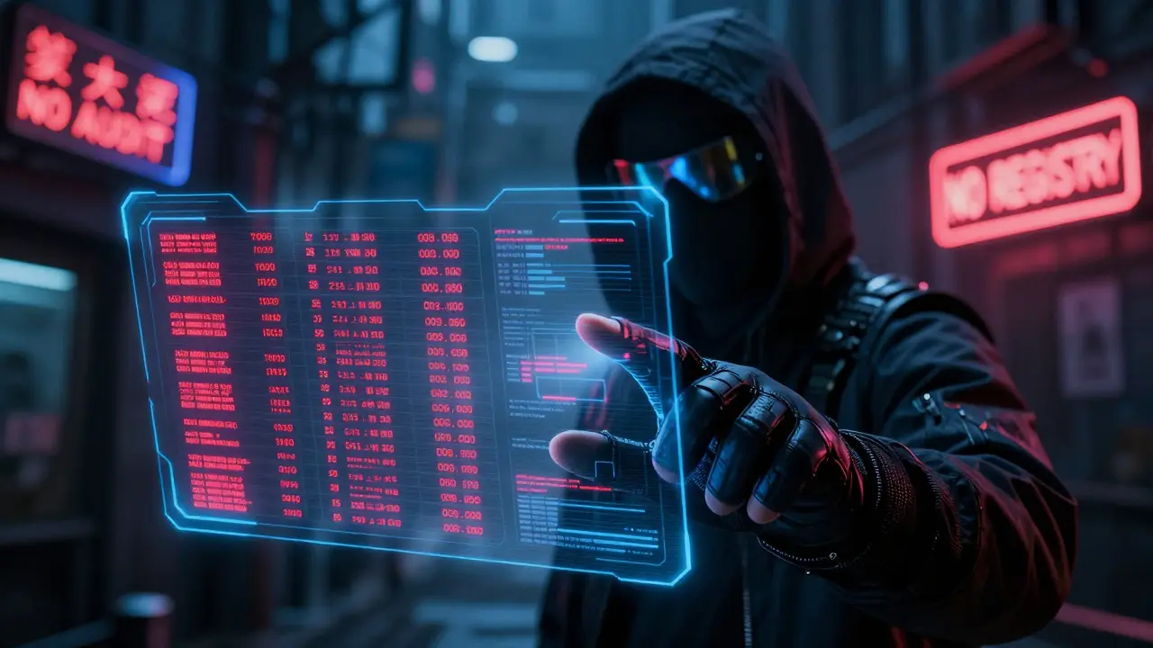 Hacker's hand accessing holographic stolen identity documents in dark alley.
