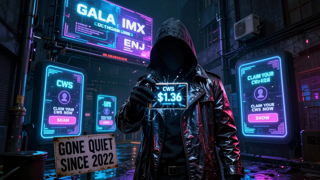 Hacker in alley holding CWS wallet while scam portals glow behind them.
