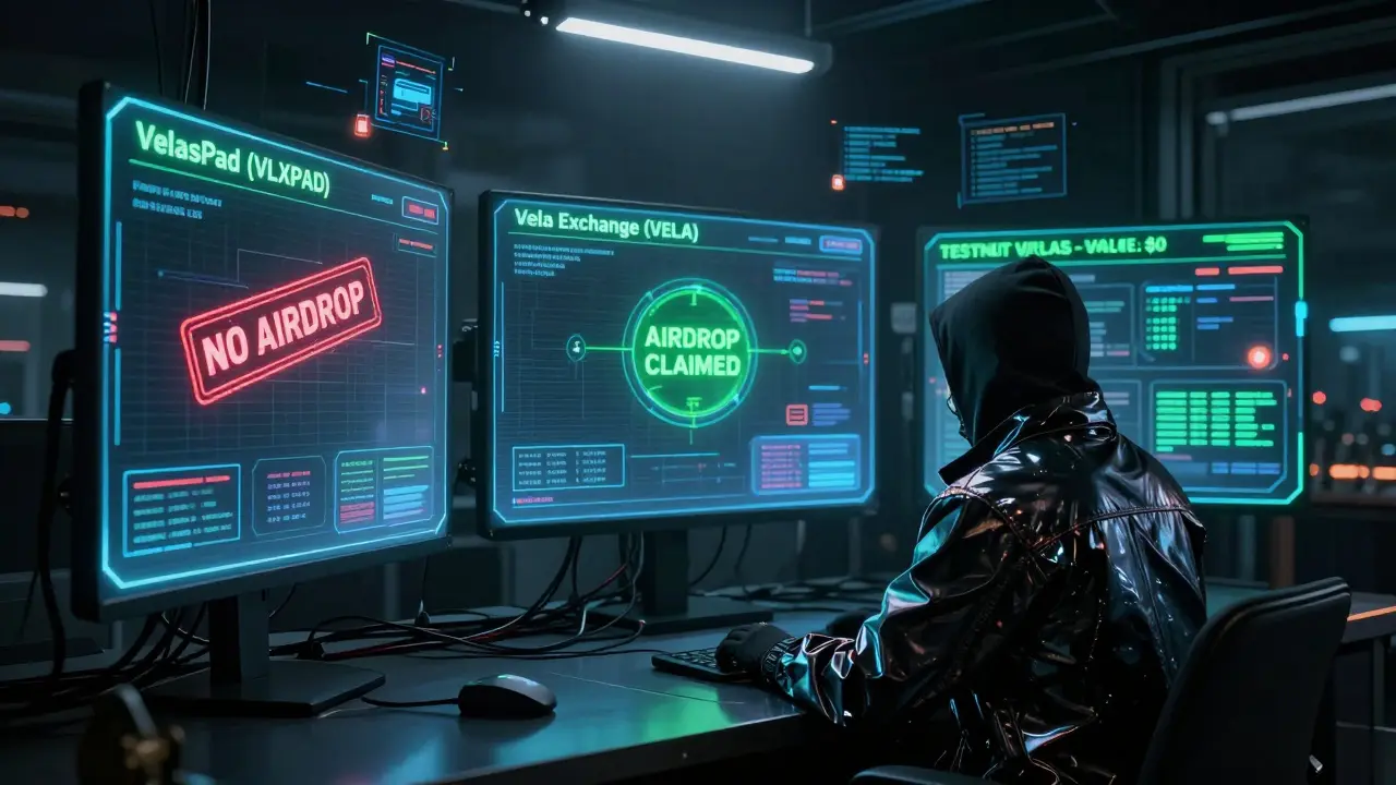 Hacker in server room comparing three conflicting crypto project dashboards with stolen keys.