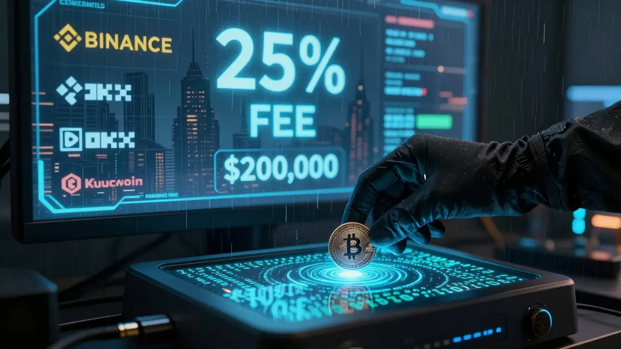 Hand inserting a glowing exchange token into a neural terminal with real-time fee discount display