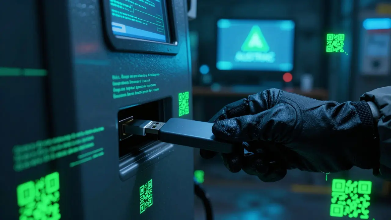 Hand inserting USB into a hidden P2P trading kiosk under flickering encrypted codes.