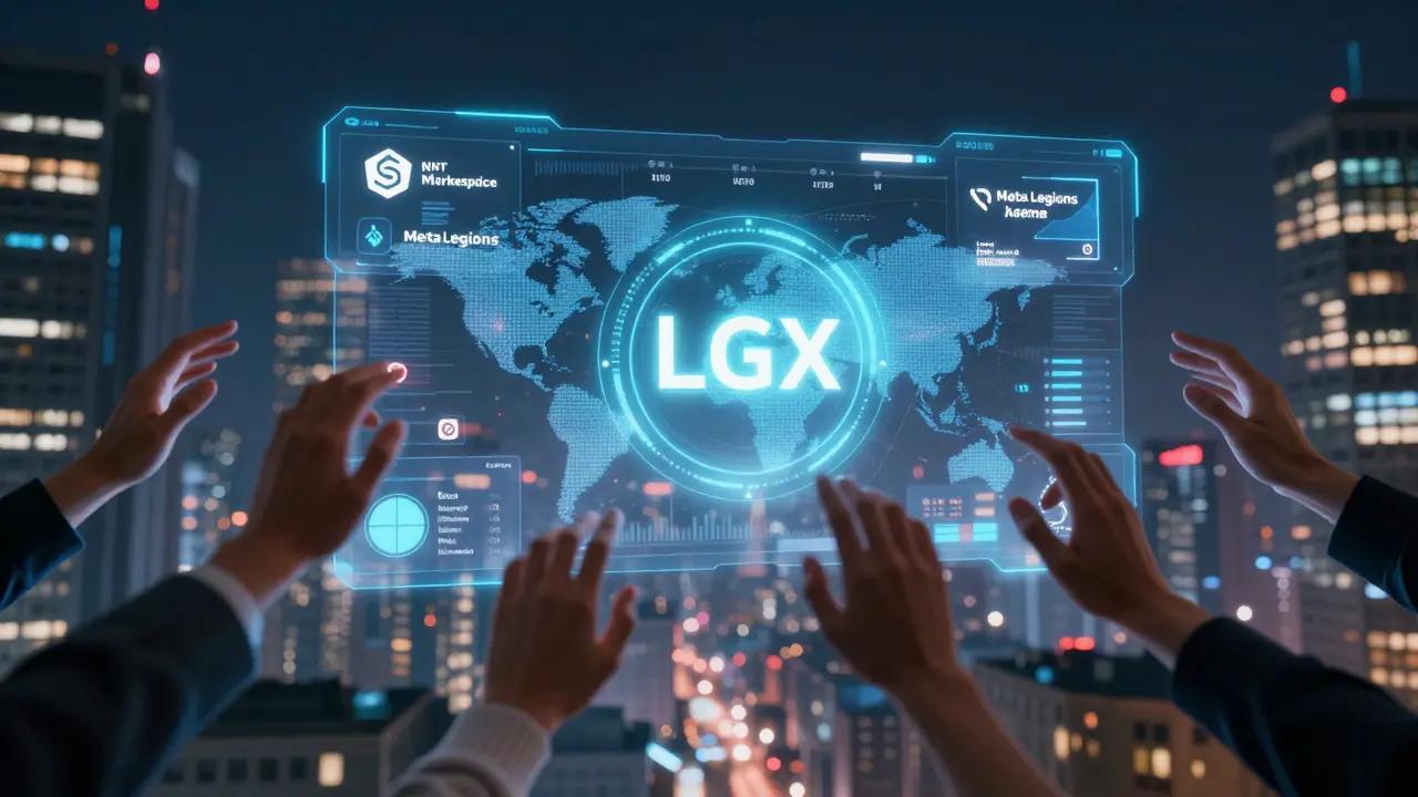 Holographic Legion SuperApp dashboard floating over a futuristic global city with NFT and game icons.