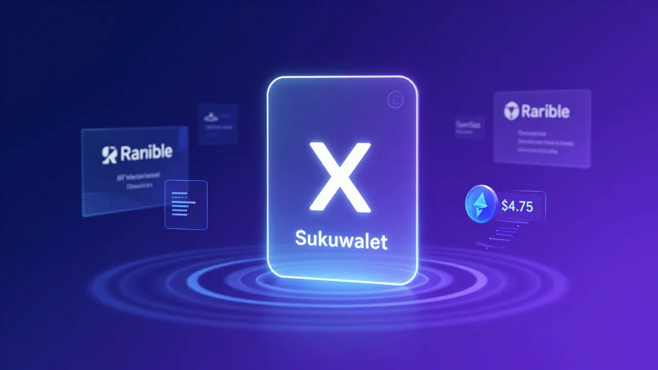 Holographic SukuWallet interface showing a transaction transforming an X handle into a blockchain key.
