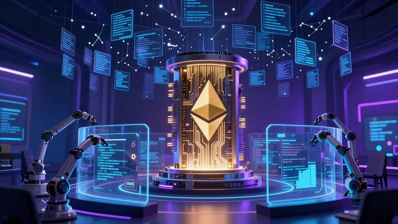 Interior of a DeFi hub with swirling transaction logs and a central EVM core.