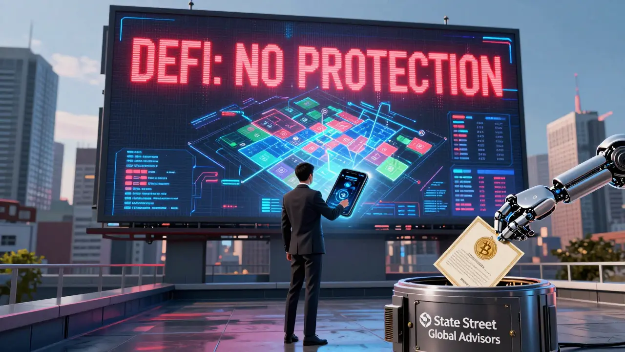 Investor on rooftop viewing regulated crypto zones, with a 'DEFI: NO PROTECTION' billboard in background.