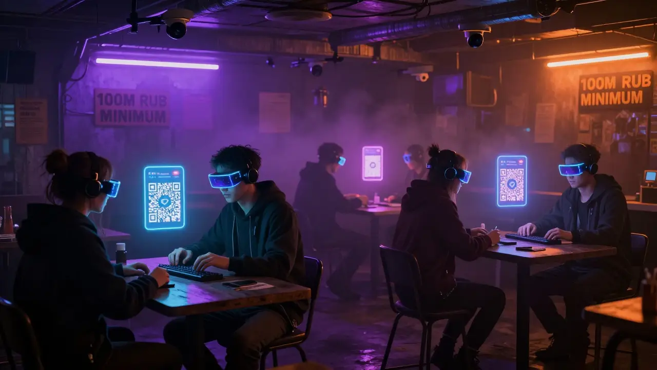 People trade crypto for cash in a shadowy basement market using encrypted Telegram bots and glowing QR codes.