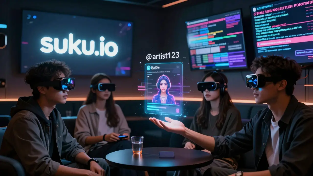 People using AR glasses to send crypto via social handles in a high-tech lounge.