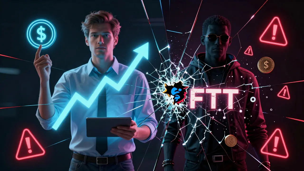 Split image of a trader: one side prosperous with tokens, the other collapsing into static