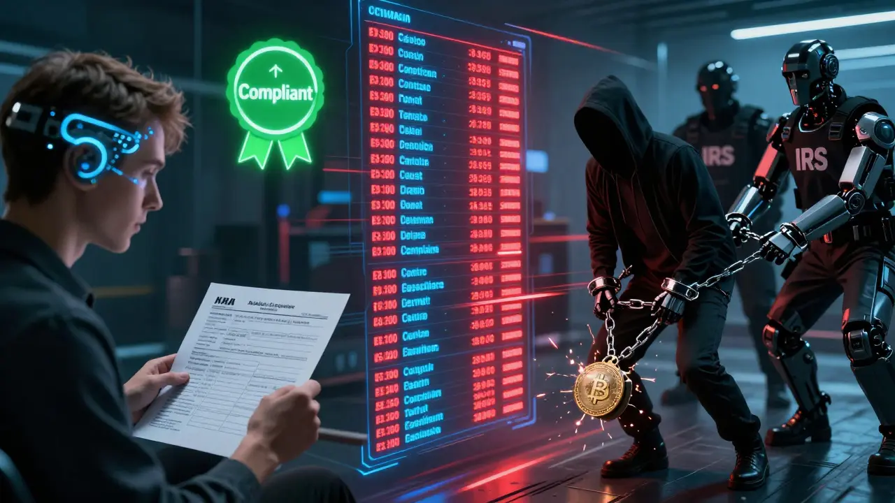 Split scene: calm compliance vs. arrest, with glowing blockchain ledger in background.