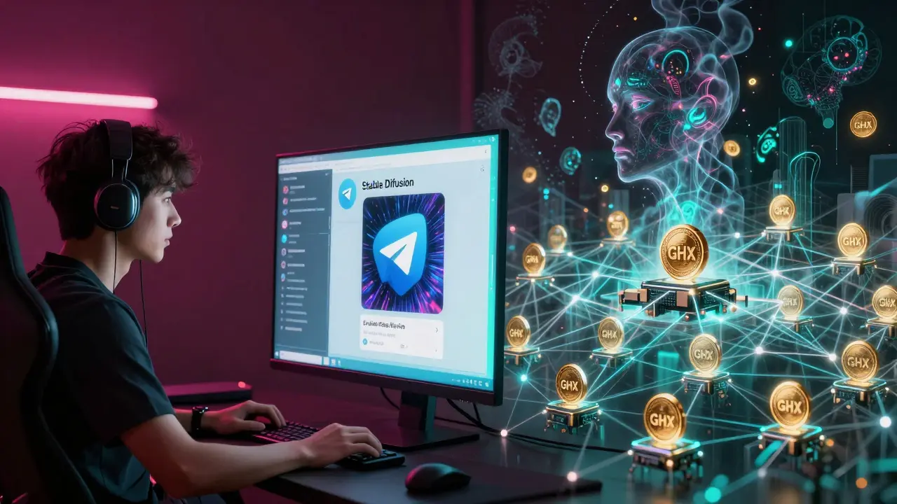 Split-screen of a gamer streaming and a network of GPUs powering AI art generation with golden tokens.