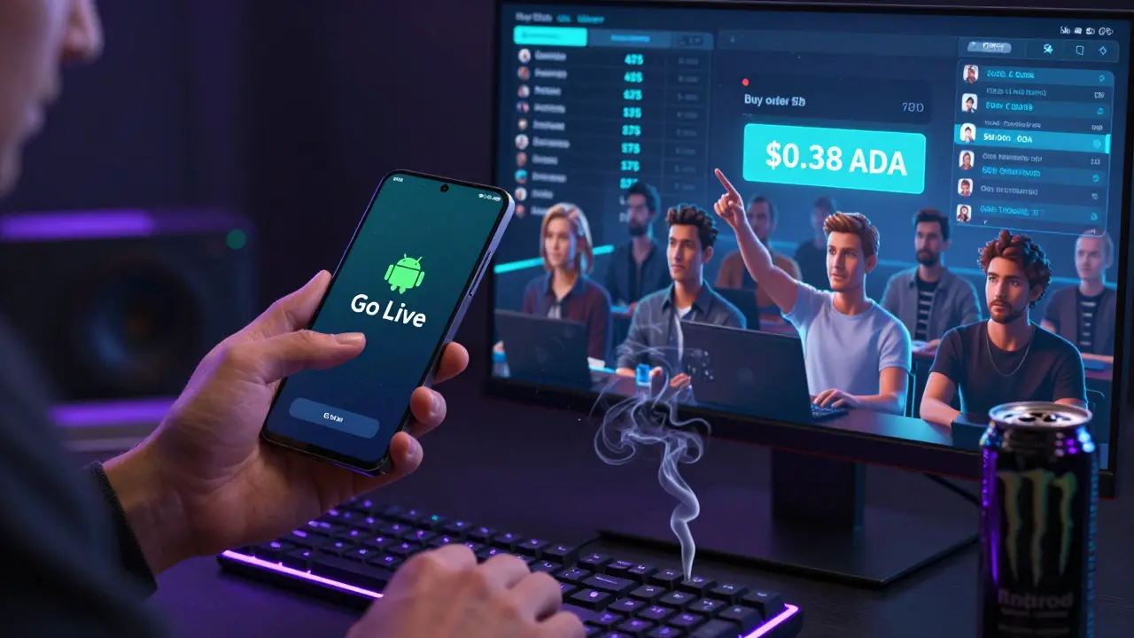 Split-screen of a trader going live and a virtual audience watching with a glowing leaderboard in the background.