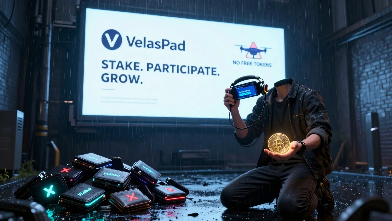 Trader in alley holding phishing headset while official VelasPad logo glows above.