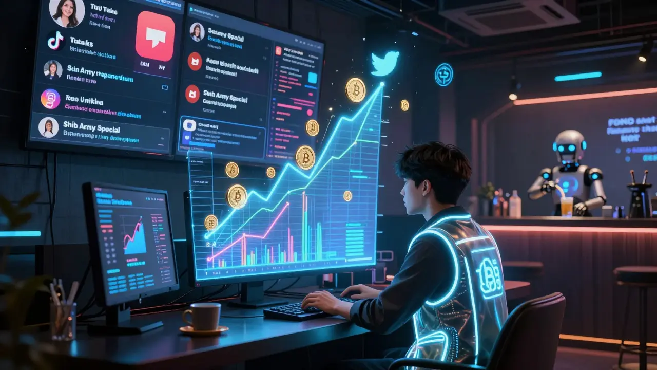 Underground crypto lounge with holographic price charts and floating memecoin tokens surrounding a trader.