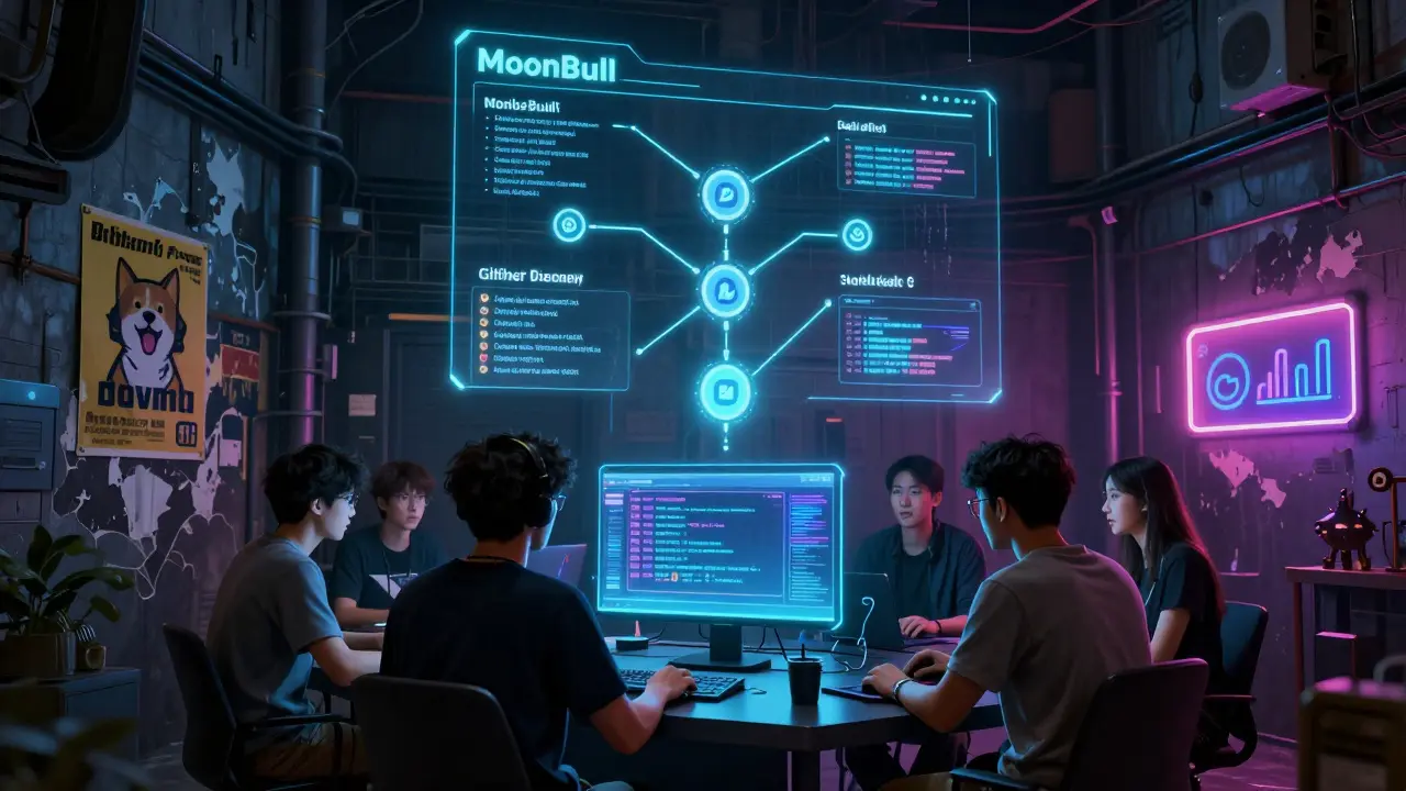 Underground hub with developers interacting with open-source memecoin tools and live token distribution holograms.