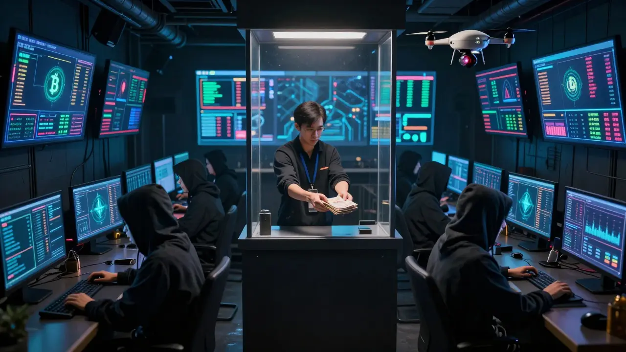 Underground traders monitoring crypto dashboards while a bank drone observes from outside.