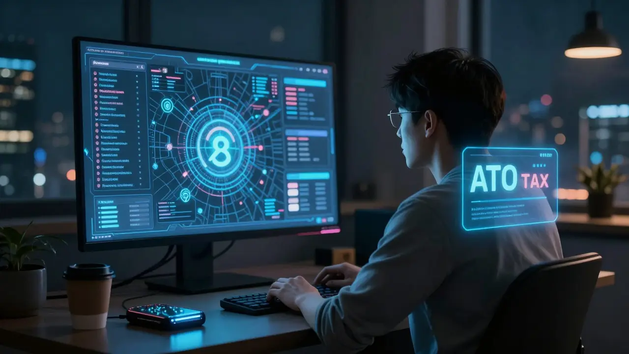 User watching untraceable blockchain transactions with a tax notification floating nearby.