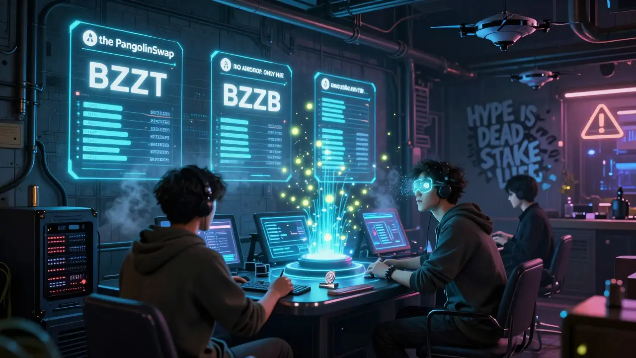 Users at holographic terminals staking BZZT and BZZB tokens in a neon-lit underground lounge, BZZONE tokens appearing as digital fireflies.